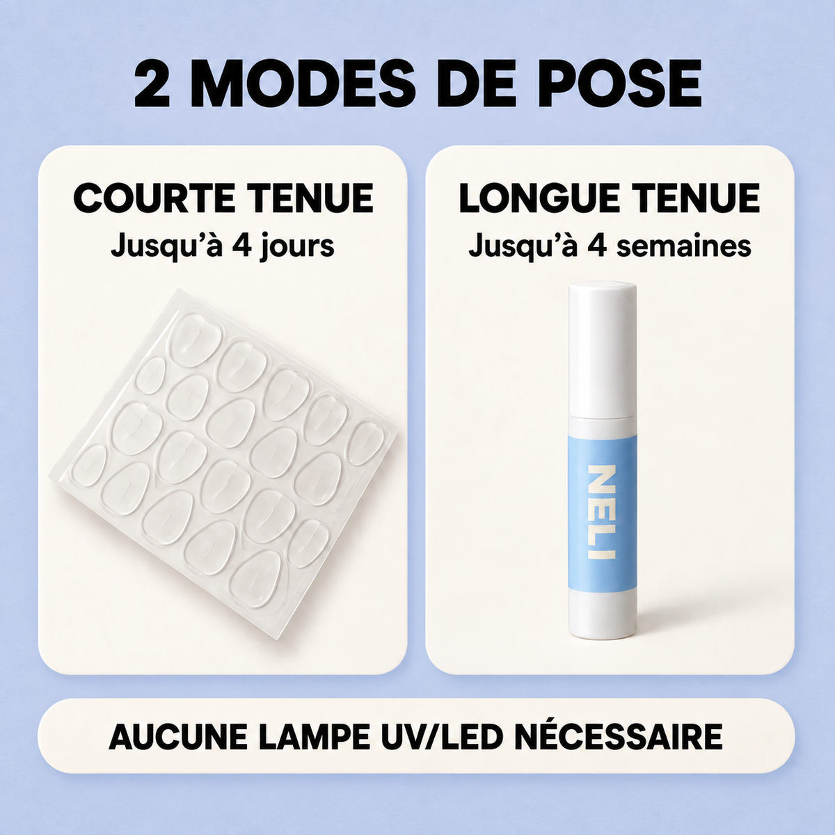Deux modes de pose NELI : Gel Pads jusqu’à 4 jours ou colle jusqu’à 4 semaines