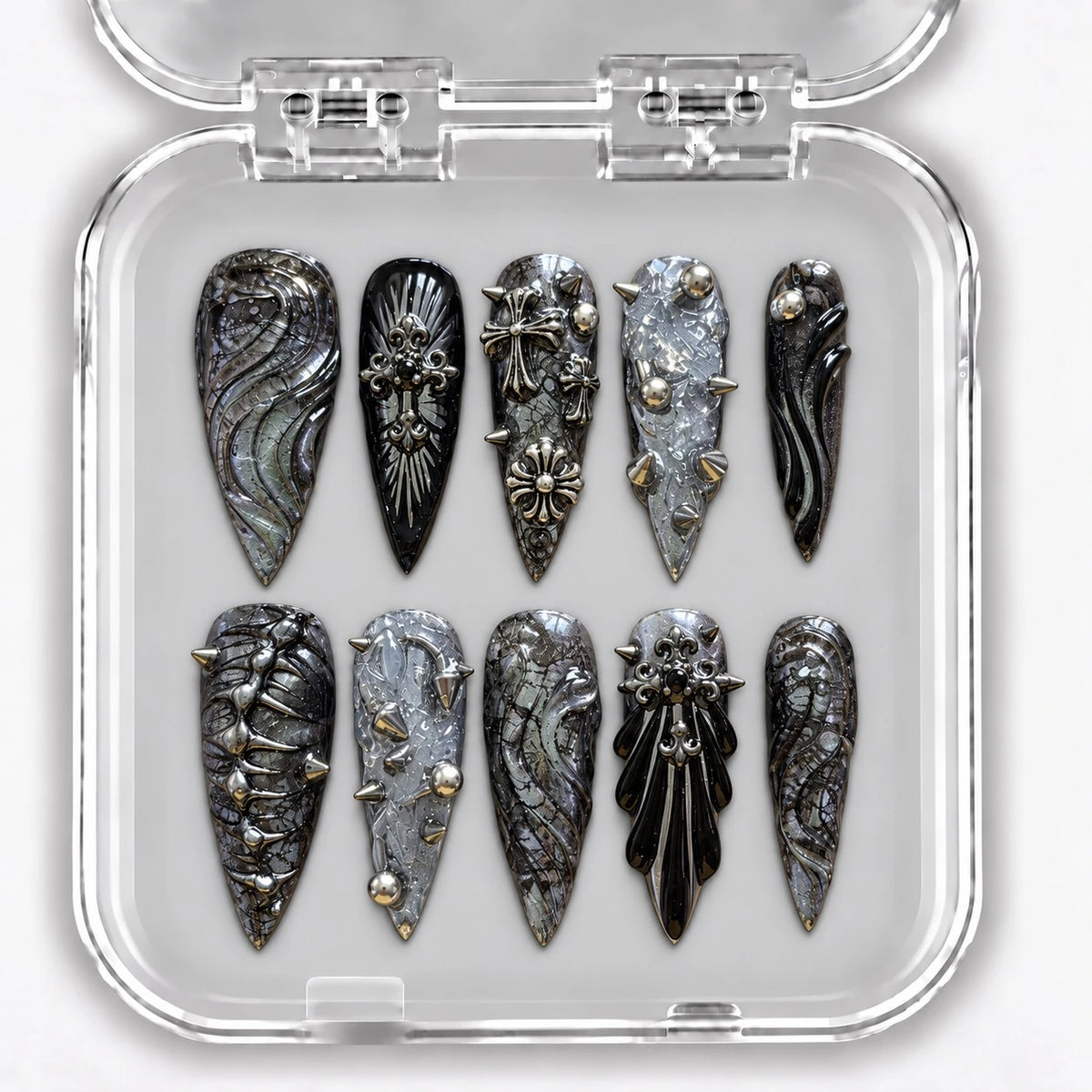 Press-on nails NELI – Obsidian Armor Long – coffret de 10 ongles
